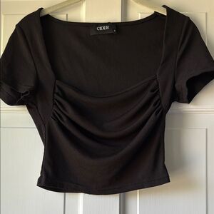 Cider Ruched Square Neck Black Ribbed Knit Crop Top Small Sexy Cropped